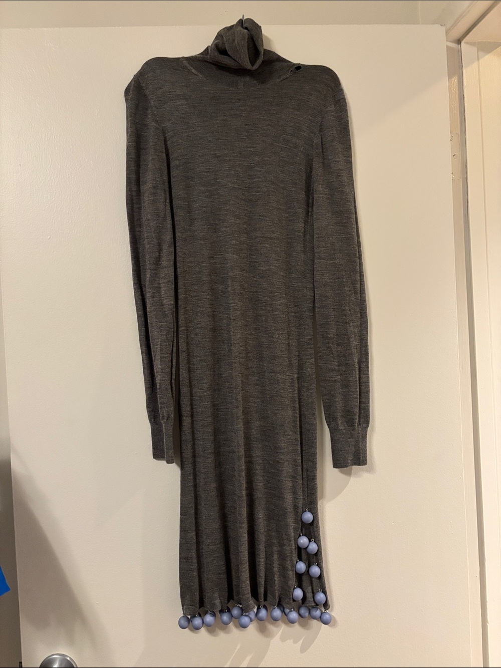 Loewe Charcoal Gray Turtleneck Midi Dress with Pom Trim